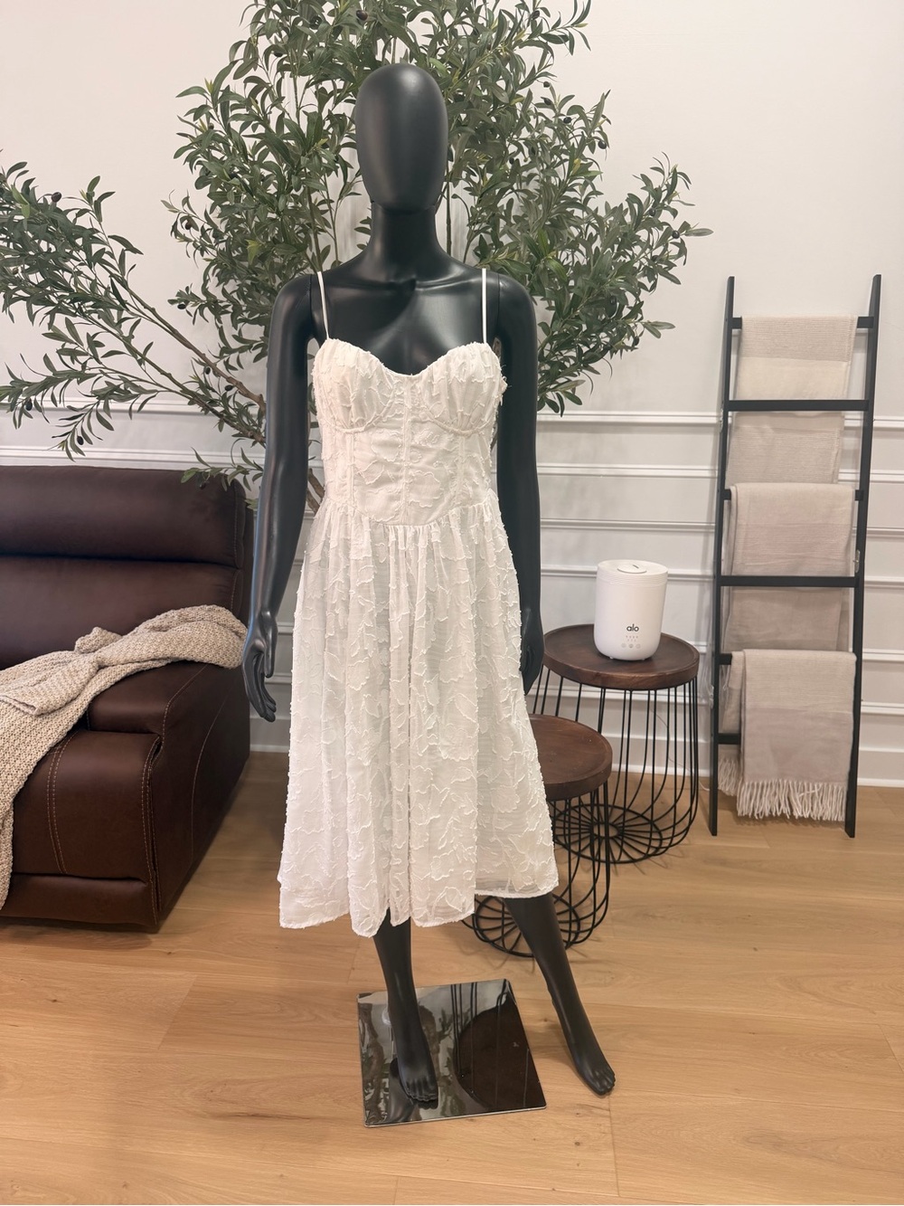White Lace Midi Dress with Spaghetti Straps